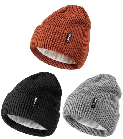 MSDC Beanies Women 3 Pack, Winter Hats for Women Men Fleece Lined Knit Warm Thermal for Cold Weather, Beanie for Women Fashionable Skull Cap(Black+Gray+Dark Orange)