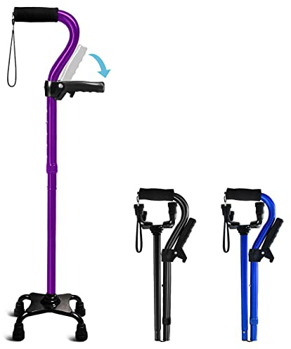 Adjustable Walking Cane for Men & Women with 4-Pronged Base for Extra Stability - Foldable Cane for Seniors with Foam Padded Offset Handle for Soft Grip & a Second Handle for Standing