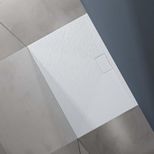 doporro Piatto Doccia Rettangolare 80x120 cm in Resina Minerale Bianco Effetto Pietra, Ultrasottile H 3 cm, Scarico Laterale con Piletta Inclusa – Geoma07
