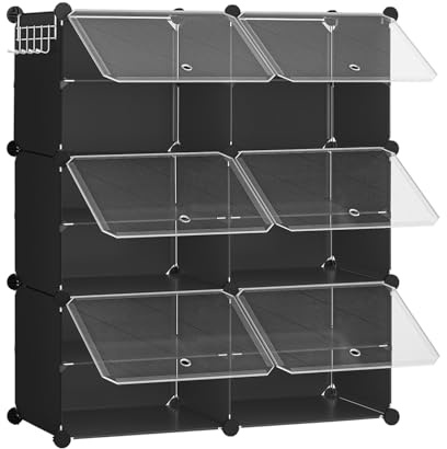 HOOBRO Mueble Zapatero, 6 Compartimentos, Modular Zapatero, Estantería de Plástico, con Puerta, Compartimento 40 x 30 x 30 cm, para Salón, Pasillo, Entrada, Dormitorio, Negro EBK26SC01G1