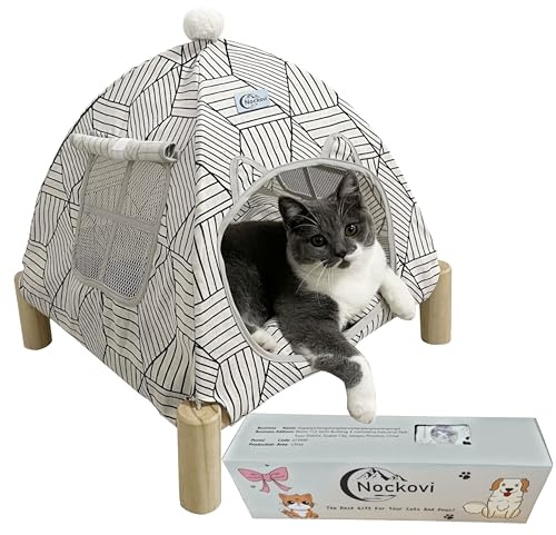 Nockovi 2-in-1 Elevated Cat Tent Cat House, Quick Assembly and Disassembly, Portable Indoor/Outdoor Cute Cat Bed Cave-White Diamond Pattern