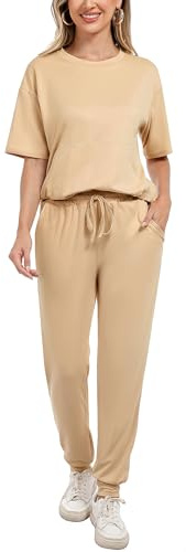 Irevial Tuta Donna,Sportivo Donna Completo, Completi Sportivi Donna Due Pezzi, Sportiva Estiva Casual, Elegante Tuta Donna Ginnastica per Jogging, Training, Casa, Albicocca, L