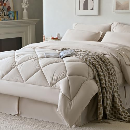 Newspin Bäddset med 8 delar, sängkläder i en väska, alla årstider, queen size-sängkläder med täcke och lakan, örngott, platt lakan, lakan, örngott, örngott och kjol, beige