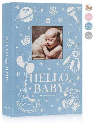 Lanpn Baby Photo Album 6x4 300 Pockets, Linen Newborn Bebe Ultrasound Photo Album with Memo Writing Area, Cover Photo Book, Picture Album for kids, Baby Boy Memory Book Keepsake Gift Baby Shower Blue