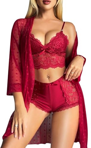 RSLOVE - Conjunto de lencería femenina sexy - ropa interior de encaje, camisón para mujer, 3 piezas, con vestido de 3 piezas, con vestido