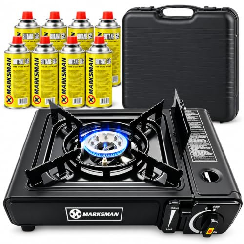 HomeVibe Portable Gas Stove with 8 Butane Gas Canisters – Lightweight Camping Stove, Adjustable Heat Control, Safety Lock, and Carry Case – Ideal for Camping, Outdoor Cooking, and Emergencies