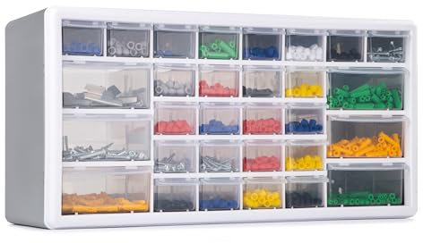 CraftGenes Organiseur de rangement à vis – Boîte de rangement pour garage et atelier à 30 tiroirs avec séparateurs réglables, organiseur mural pour outils (gris)