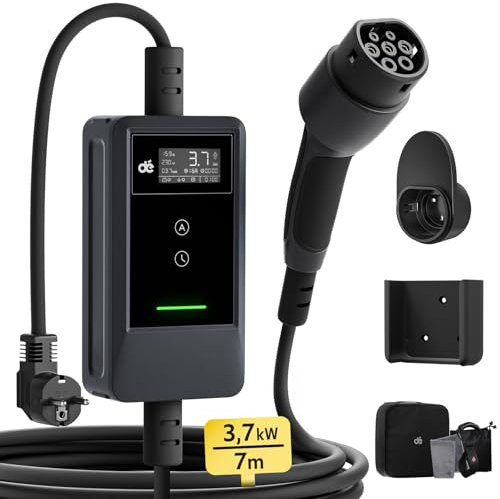 dé Ladekabel Elektroauto Typ 2 Schuko 3,7kW [7m, 6-16A] EV Charger Mit Kabelhalter und digitalem LCD - EV Ladegerät für e Auto Model 3/Y, ID.3/4/5, MG4, Q4, GLA, Zoe und Anderen PHEV/EV
