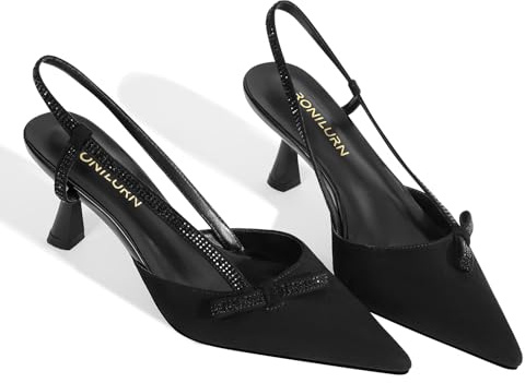 RONILURN Décolleté da donna con tacco a forma di gattino, punta chiusa, con strass, cinturino posteriore, punta appuntita, fiocco, comodi tacchi, scarpe da sposa per abito da sposa, nero, 37.5 EU