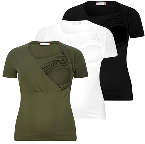 M.M.C. Amningsskjorta uppsättning av 3 enfärgade mammamode graviditet amningsmode mammaskjorta, kortärmad, Svart, vit, khaki, XL
