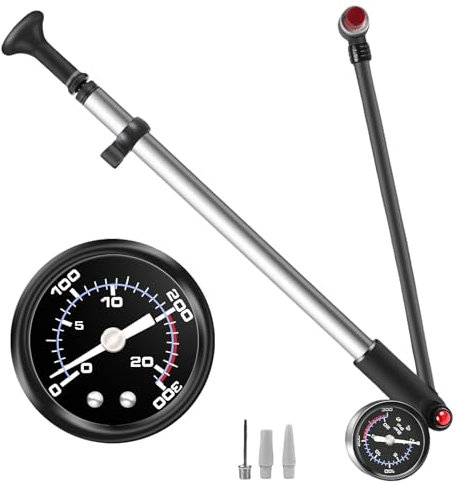 Hochdruck Dämpferpumpe, (Max 300 PSI) Hochdruck Stoßpumpe mit Manometer und Entlüftungstaste, 2 in1 Fahrrad Gabelpumpe, Mini Dämpferpumpe für MTB, Rennradgabel, Hinterradaufhängung, Silber