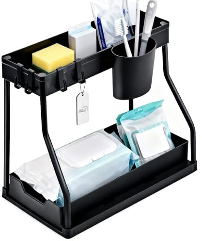 Ribech Organizador Bajo Fregadero Negro | Estante 2 Niveles con Bandejas Extraíbles | Ajustable en Altura & Montaje sin Herramientas | Estructura de Acero Inoxidable para Cocina & Baño