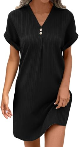 Générique Robe Lin Coton Femme Ete Chic Elegant Tunique Robe Manches Courtes Ample Casuel Couleur Unie Robes avec Boutons Col V Robes De Plage Grandes Tailles Dress pour FêTe Vacances S-4XL