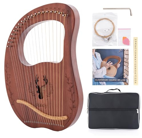 Mulucky Lyre Harp, 19-String Mahogany Lyra Harp Kit, Stringed Musical Instruments with Tuning Wrench Bag Extra Strings for Beginners Adults | 19String Lyre Harp: Premium mahogany body with durable metal strings. Complete kit includes a tuning wrench, bag, and strings