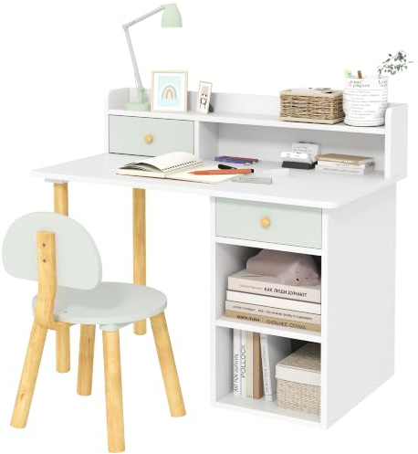 AIYAPLAY Bureau Enfant avec Chaise 2 Tiroirs Large Plateau 85x48x73cm Vert | Table et Chaise, Étagères Ouvertes, pour Étude Travail Écriture, pour Garçons et Filles de 3 à 8 ans