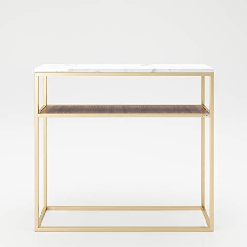 Playboy Skänk med hylla, skänk/konsolbord med metallram i guld, hylla i valnötdekoration och mamorutseende, retrodesign, entré, vardagsrum, lounge, sovrum, matsal