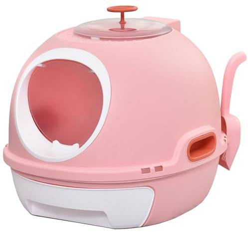 PawHut Bac à litière pour Chat Maison de Toilette Portable pour Chat tiroir à litière Coulissant Porte battante Lucarne + Pelle fournis dim. 47L x 55l x 44H cm Rose