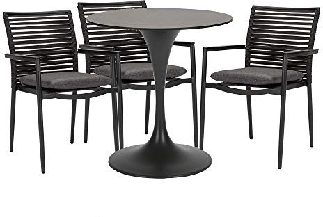 acamp Gartenmöbel Set wetterfest New Jersey/Tulip | Runder Gartentisch mit sicherem Stand | 3 Gartenstühle stapelbar | Stapelstühle mit bequemen Sitzkissen | Balkonmöbel Set für 3 Personen