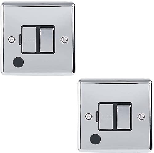 2 PACK | 13A DP Switched Fuse Spur & Flex Outlet -CHROME & Black Trim- 240V Mains Isolation - Decorative Kitchen/Interior Wall Face Plate – Oven/Cooker/Hob Appliance On/Off Switch