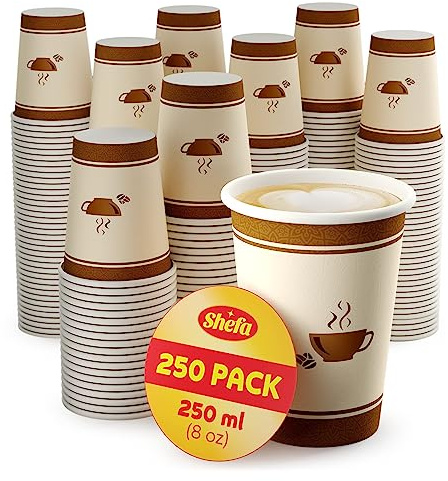 Shefa 250 vasos de papel, 8 onzas cada uno, resistentes al calor para café, té o bebidas frías, sin BPA