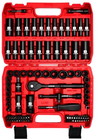 LLNDEI 3/8”Drive Impact Socket Set,Standard SAE(5/16 to 3/4-Inch) Metric Size(8-22mm), 95 Piece, CR-V Steel Deep&Shallow Kit, Adapters, Ratchet Handle, Screwdriver Bit Set, Spark Plug Socket, 6 Point