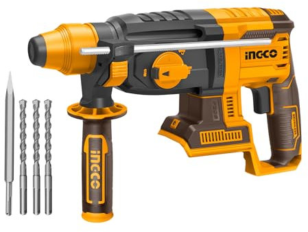 INGCO Cordless Rotary Hammer 26mm (Body Only), Lithium-Ion 20V Brushless Hammer 1100RPM, 4IN1 Function Adjust Knob, 3PcsDrill Bits and 1Pcs Chisel CRHLI20228