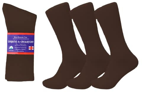 Diamond Star Diabetic Socks, Non-Binding Circulatory Cushion Cotton Crew Diabetic Socks for Men Women 9-11 (3 Pairs Brown)