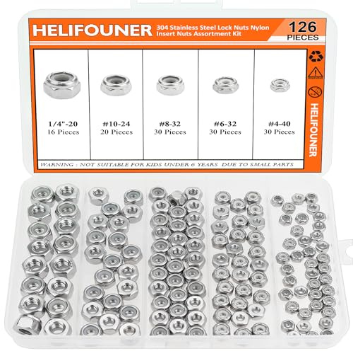 #4-40#6-32#8-32#10-24 1/4-20 Lock Nuts, HELIFOUNER 126 Pieces 5 Sizes Nylon Insert Hex Lock Nuts Assortment Kit, 304 Stainless Steel (18-8) Locknuts, Coarse Thread