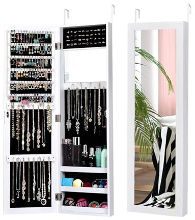 COSTWAY Schmuckschrank, mit Ganzkörperspiegel und eingebautem Schminkspiegel, Schmuck Spiegelschrank für Ohrringe, Ringe und Kettenhaken, Tür- / Wandmontage (Weiß)