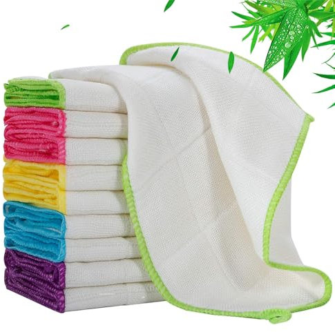 Arwllzz 30x30 Bamboo Dish Cloths 10 Pack Microfibre Cleaning Cloth Reusable Kitchen Towels Drying Cloth Multifunctional Lint Free Dishcloths for Furniture Dining Room Table Cleaning (Color stripes)