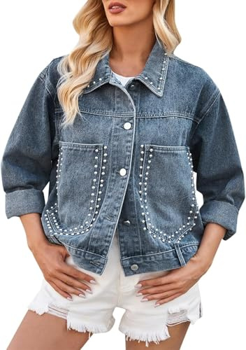 Chaqueta Informal con Botones para Mujer Chaqueta Vaquera Holgada de Manga Larga Elegante con Bolsillos Chaqueta Vaquera Holgada Informal con Tachuelas Estilo Punk (Azul,M)