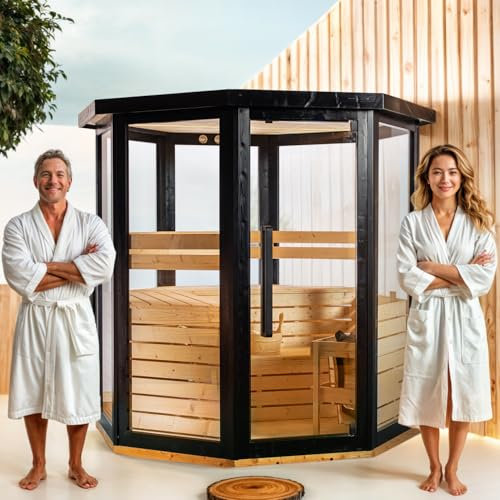 GLOBAL RELAX® | DHARANI Passion Sauna Exterior Vapor hasta 4 ó 5 Personas | Abeto I Temperatura Regulable I Iluminación LED I Medidor T/H I 8000w de Potencia I Elimina toxinas I Relajación Muscular