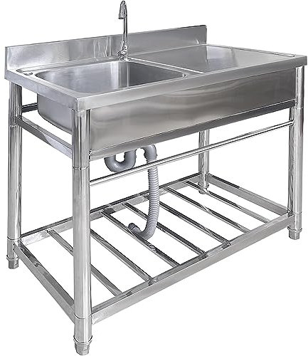 Évier de garage Évier de cuisine en acier inoxydable, évier de service autoportant à une cuve, évier autoportant avec plan de travail et robinets d'eau, évier de cuisine avec support