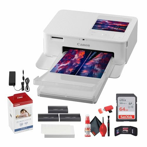 Canon SELPHY CP1500 Compact Photo Printer (White) (5540C002) RP-108 Color Ink and Paper Set + 64GB Memory Card + Cleaning Kit + Memory Card Wallet + Card Reader
