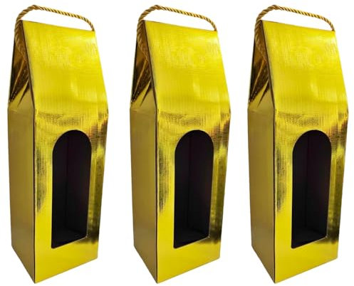 Tradineur - Pack de 3 Cajas Plegables de cartón para Botella de Vino, Incluye asa de Cuerda, Guardar, Regalar, Envolver champán, Navidad (Dorado Brillo - 36 x 12,5 x 8,5 cm)