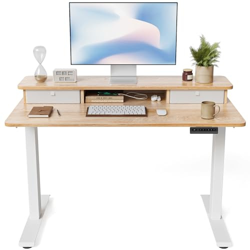 FEZIBO Electric Height Adjustable Standing Desk, 100x60cm, with Double Drawers and Storage Shelf, Maple