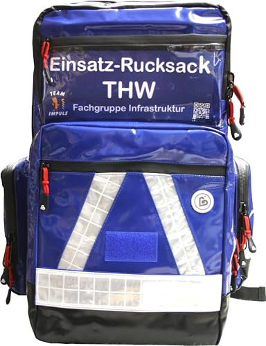 Team Impuls NFA Notfallrucksack/Einsatzrucksack THW -M- LEER - blau aus Plane mit weißen Reflexstreifen und Waterstop Reißverschlüssen