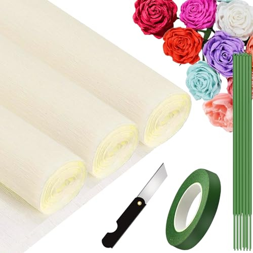 3 Rollen Krepppapier Cremeweiß 25x250cm, Krepppapier Beige für Handwerke, Crepe Papier für Geburtstag, Hochzeiten, Valentinstag-Dekorationen (Weiß Creme)