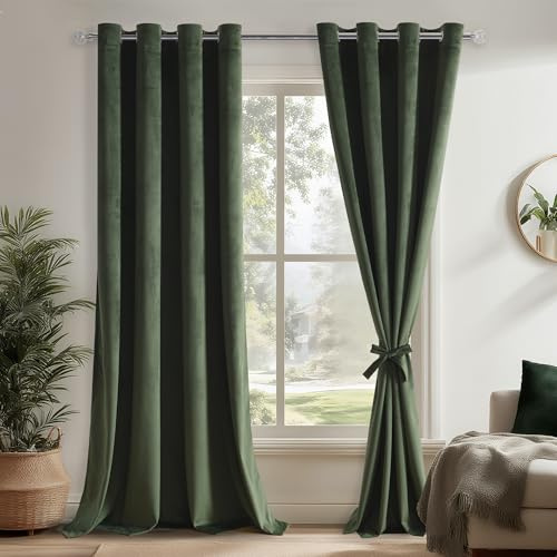 DWCN Cortinas De Terciopelo De Color Verde Oliva para Salón, Juego De 2, H280XB140cm, Suave Cortina De Terciopelo con Lazos para Cortinas, Cortinas Pesadas Y Opacas De Terciopelo, Cortinas Térmicas