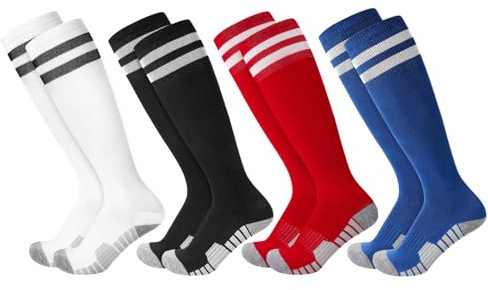 Zuimei 4 Pairs Kids Football Socks Boys, Anti Slip Football Socks Black Breathable Athletic Soccer Sock Training Running Sports Sock for Aged 7-12, Black White Red and Blue