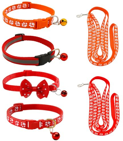 6 Pièces Collier Chat avec Laisse – 4 Collier Chat Anti Étranglement Réglables avec Clochette Réfléchissante + 2 Laisse pour Chat 120cm, Collier pour Chaton et Anti Etranglement