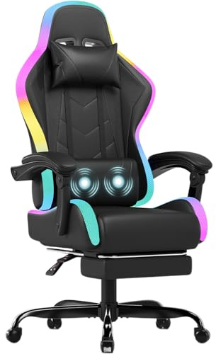 JUMMICO Sedia da gioco con LED, Cool Racing Gamer, sedia ergonomica da ufficio con funzione massaggiante, schienale regolabile 90-135°, con poggiapiedi telescopico, capacità di carico 150 kg, colore