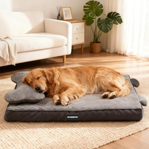 Cama ortopédica para perros con funda lavable, cojín impermeable para perros con espuma viscoelástica y almohada extraíble para apoyo de cabeza y articulaciones, parte inferior antideslizante, cama