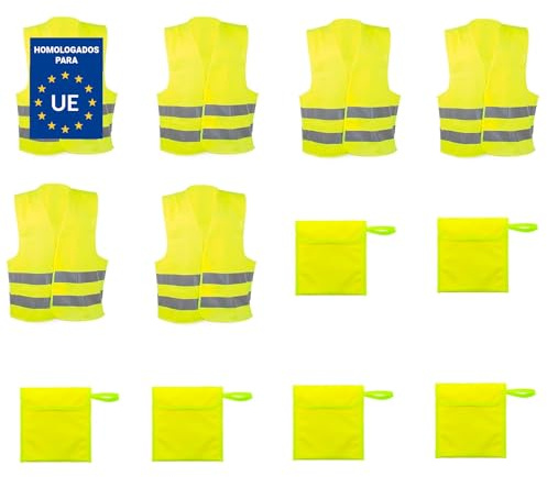 Deliex delicias de Extremadura Pack 6 Chalecos Reflectantes Amarillos Homologados y 6 Fundas - Talla única - Chaleco homologado DGT - Certificado ISO