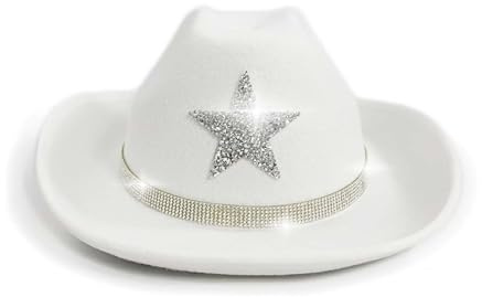Kids Sparkly Star Cowboy Hat - Western Party Festival Outdoor Sun Games - Girls Boys, White, 4-10 Jahre