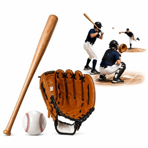 SixHawks Wooden Baseball Bat Set with Glove and Ball – Classic 3 Piece Baseball Kit – Strong Grip Bat and Flexible Comfort Fit Glove for Outdoor Training, Practice,Backyard Games