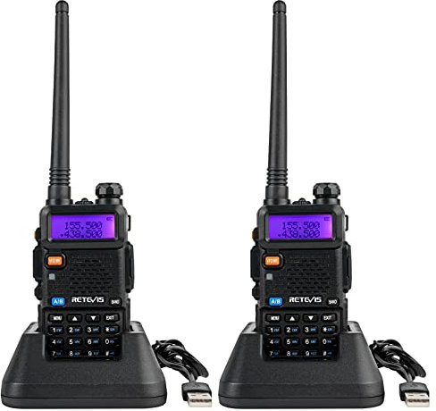 Retevis RT5R Walkie Talkie, Ricetrasmittenti Professionali UV Doppia Banda, VOX FM a 128 Canali Lungo Raggio Radio Bidirezionale Portatile per Campeggio, Caccia (Nero, 2Pezzi)