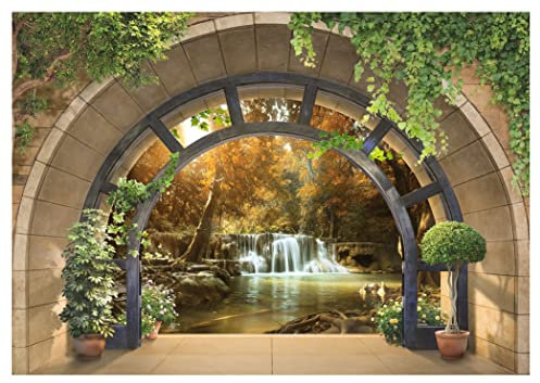 Forwall - Vlies Fototapete Fenster Wasserfall Wald Natur Landschaft 152x104 cm - Fototapeten - Tapeten - für Wohnzimmer Schlafzimmer - Vliestapete Wandtapete Tapete 3D Effekt- inkl. Kleister