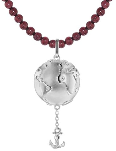 trendor Anhänger Planet Erde Silber 925 + Granat-Kette Sterling Silber, Halskette für Damen, Kette in modischem Perlen-Look, zauberhaftes Geschenk 75498
