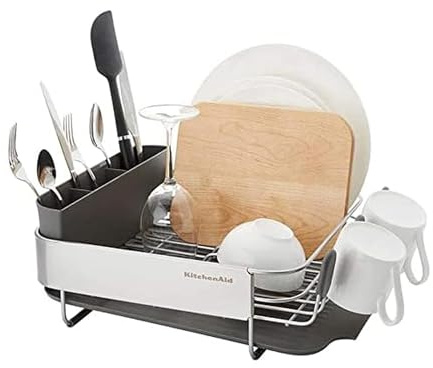 KitchenAid Compact, Space Saving Rust Resistant Dish Rack, with Angled Self Draining Drain Board and Removable Flatware Caddy, 16.06-Inch, Gray